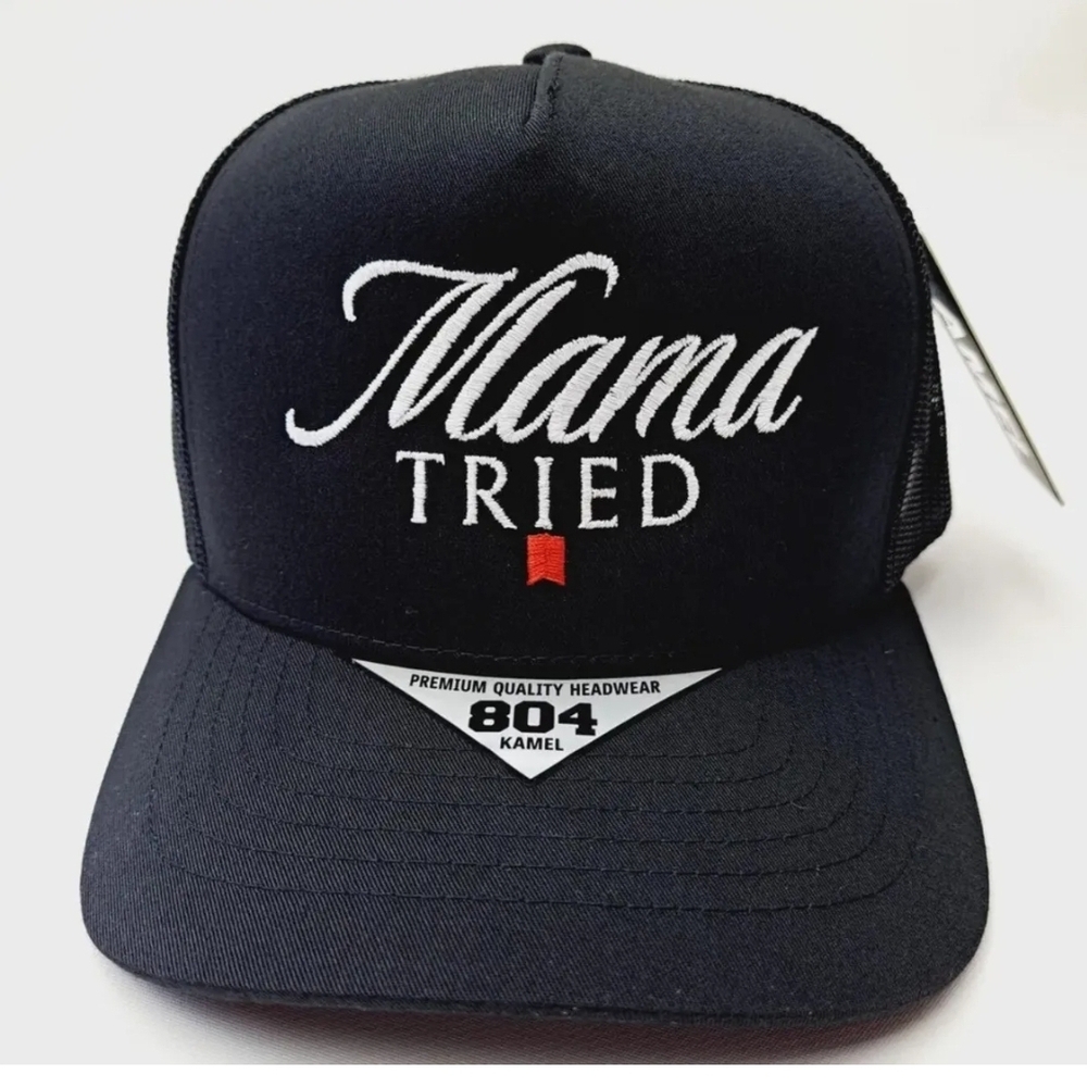 Black Kamel 804 With Mama Tried White Embroidery Text Mesh Snapback Hat Cap